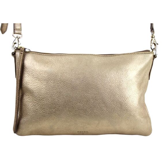 FOSSIL ANTIQUE GOLD GENUINE LEATHER X-BODY SHOULDER BAG HANDBAG CLUTCH PURSE - Picture 1 of 14